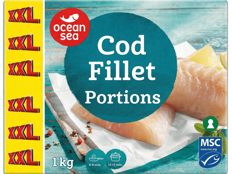 XXL torskfiléportioner, 1 kg, med tillagningsinstruktioner och hållbarhetslogotyp.
