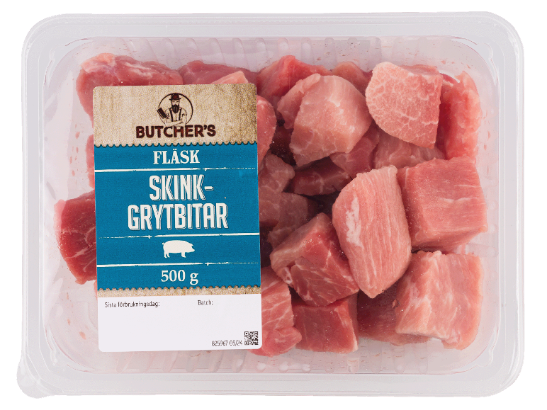 Fläskkött i bitar för gryta i 500 g förpackning.