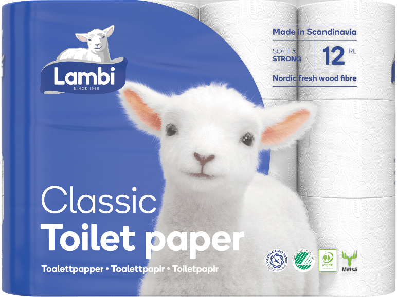 Toalettpappersförpackning med ett lamm, texten 'Classic Toilet paper' och produktinformation.