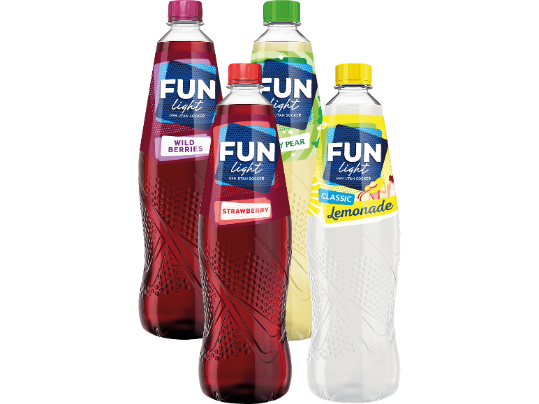 Fyra flaskor Fun Light sockerfri dryck i smakerna Wild Berries, Strawberry, Pear och Lemonade.