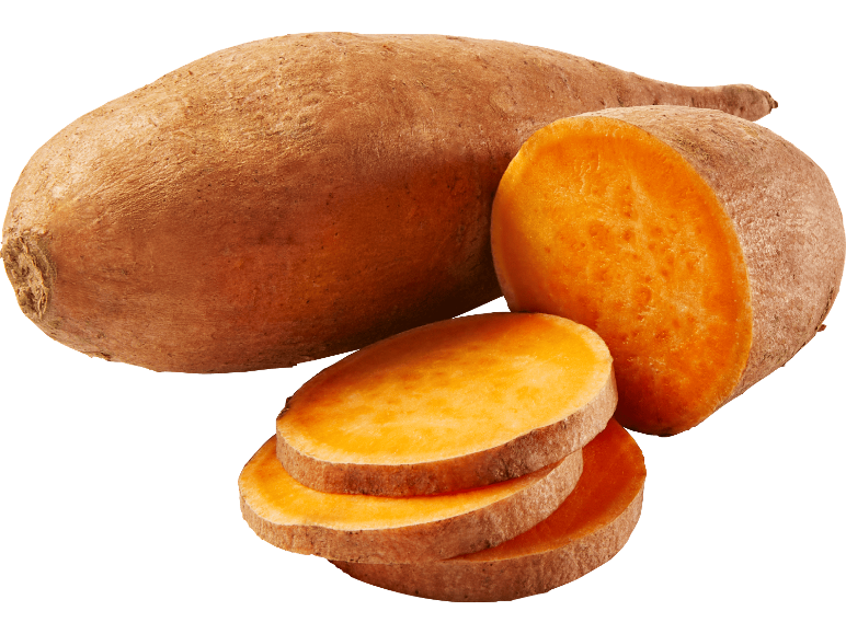 Sötpotatis, hel och skivad