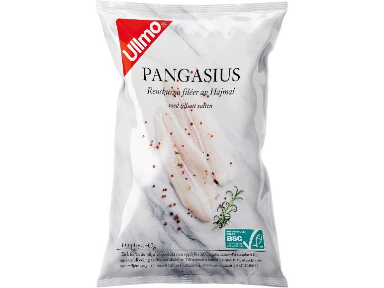 Förpackning frysta pangasiusfiléer med tillsatt vatten, 400g, ASC-certifierad.