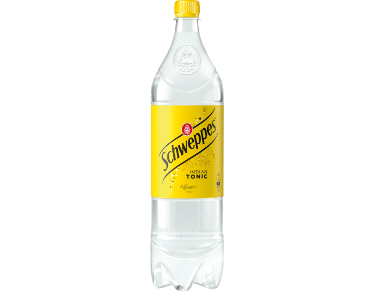 Flaska indisk tonic med gul etikett och kork.