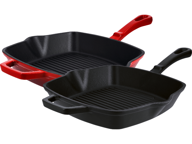 Två fyrkantiga Silvercrest grillpannor, en röd och en svart.