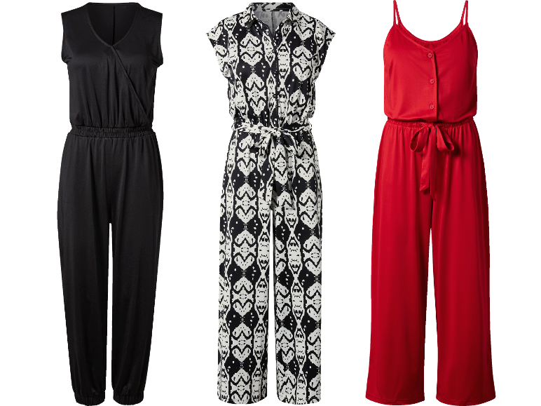 Tre damjumpsuits: en svart, en svartvitmönstrad och en röd.
