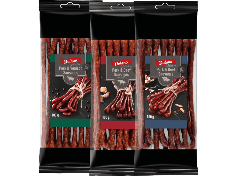 Tre förpackningar med Dulano Selection korvar av fläsk och hjort samt fläsk och nöt.