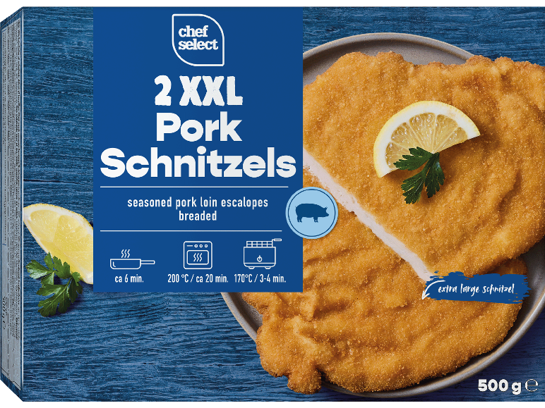 Förpackning med 2 XXL panerade fläskschnitzlar med citron och persilja.