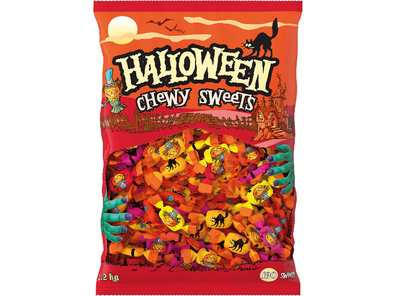Halloween segkola i en 1,2 kg påse med läskiga illustrationer.