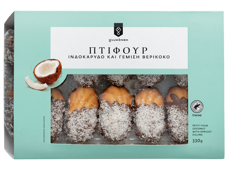 Glikanon Petit Four med kokos och aprikosfyllning, 330g och förpackning