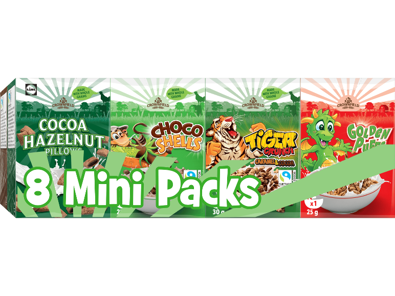 Förpackning med 8 minipaket flingor i smakerna kakao-hasselnöt, choklad, kola och gyllene puffar.