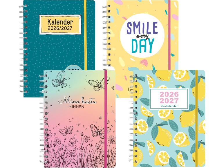 Fyra färgglada kalendrar och anteckningsböcker för 2026/2027, med citron-, fjärilsmotiv och texten ”SMILE every DAY”.