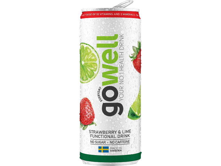 Funktionsdryck med jordgubb och lime i burk med vattendroppar, inget socker, inget koffein, tillverkad i Sverige.