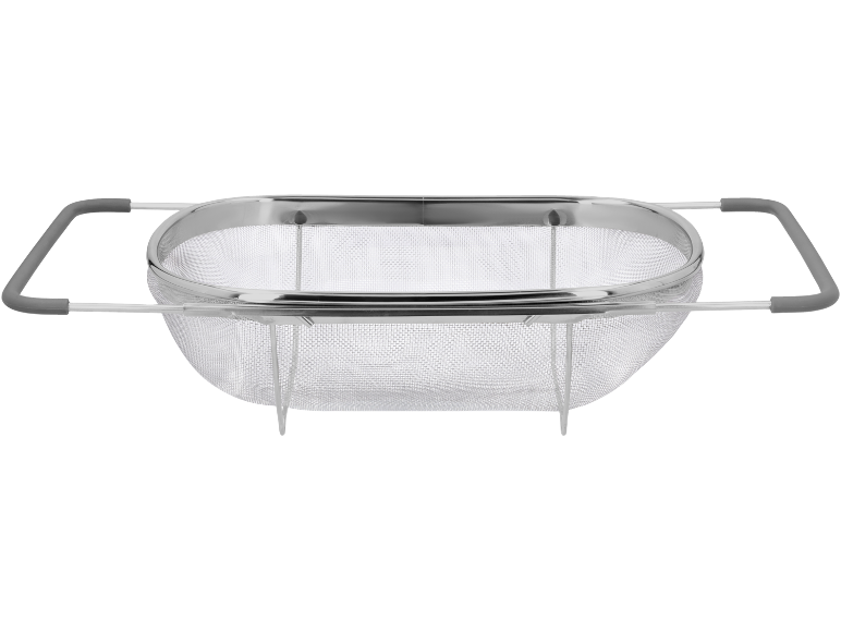 Durkslag i metall med utdragbara handtag och grå gummihandtag.