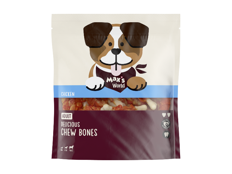Förpackning av Max's World Adult Delicious Chew Bones med kycklingsmak