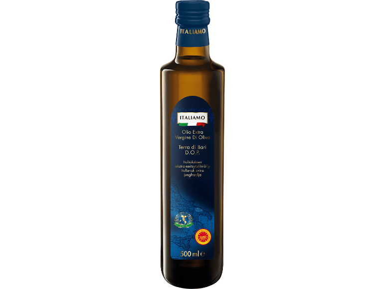 Flaska olivolja med texten 'Olio Extra Vergine Di Oliva Terra di Bari D.O.P.'