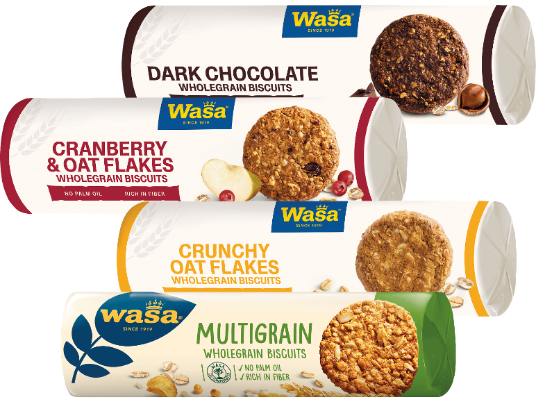 Fyra förpackningar fullkornskex: mörk choklad, tranbär & havregryn, krispiga havregryn, multigrain.