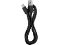 Svart USB-A till USB-C laddningskabel, prydligt ihoprullad.