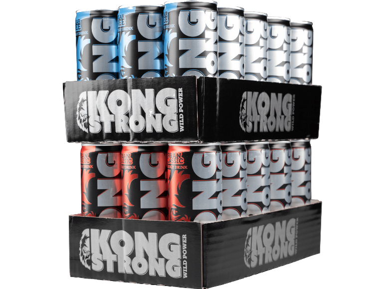Två förpackningar KONG STRONG energidrycker: blå Sugar Free och röda Urban Classic.