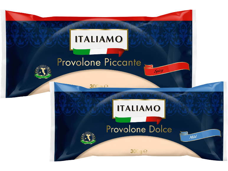Två förpackningar italiensk Provolone-ost, en stark och en mild, 300g vardera.