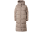 Lång beige vadderad jacka med huva.