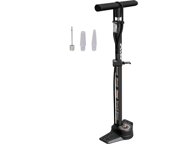 Svart cykelpump med manometer och tre munstycken.