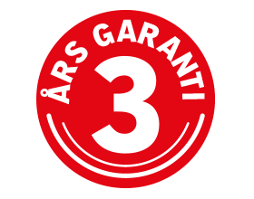 Röd sigill med vit text '3 ÅRS GARANTI'.