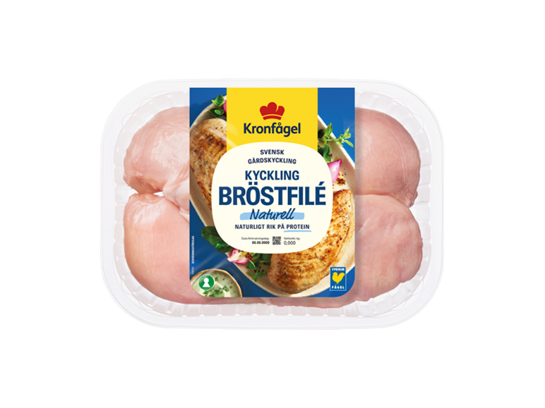 Förpackad färsk kycklingbröstfilé, naturell och rik på protein.