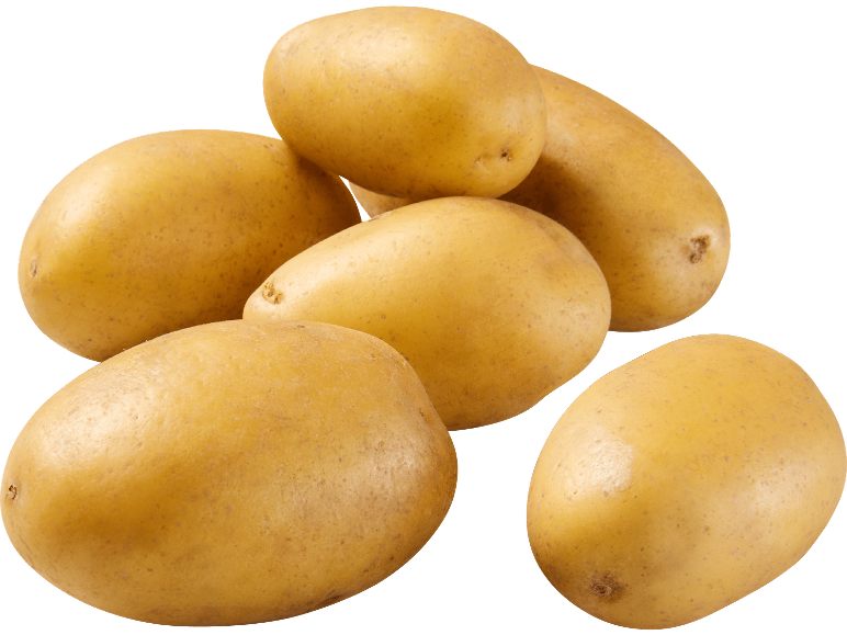 En hög med färsk, oskalad potatis mot svart bakgrund.