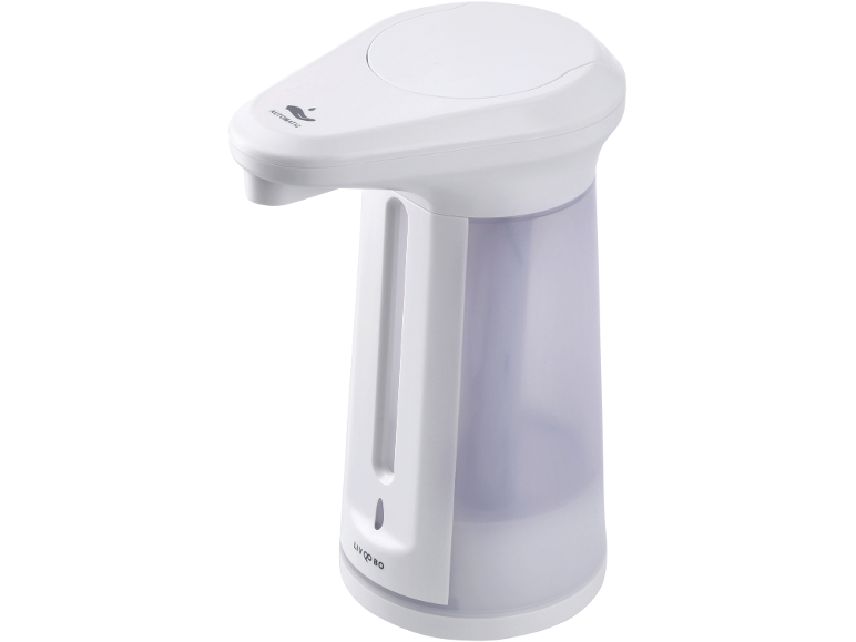 Vit automatisk tvåldispenser med genomskinlig behållare