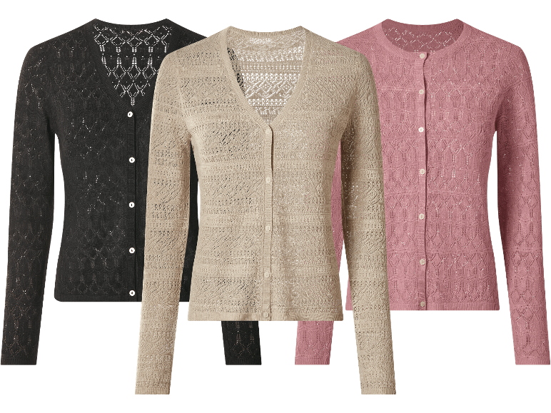 Tre damkoftor med hålmönster i svart, beige och rosa.