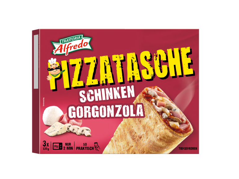 Pizzabrödsficka med skinka och gorgonzola, 3 stycken, klar på 2 minuter.