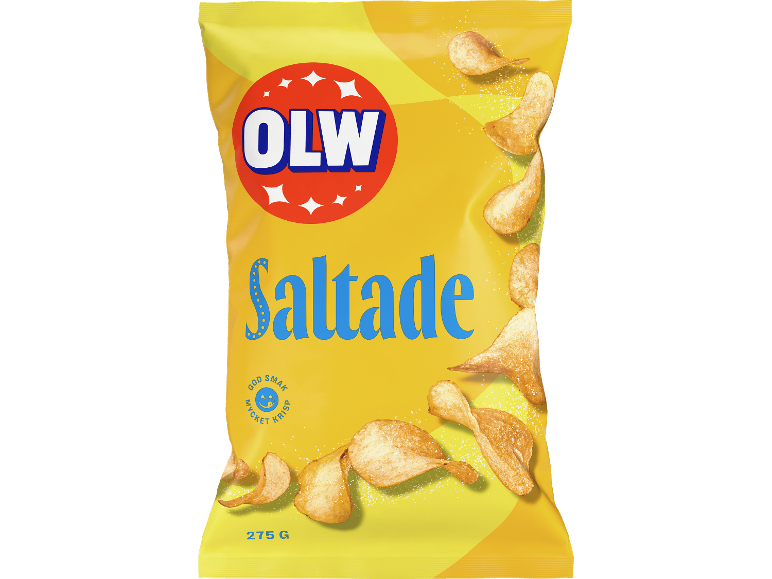 Gul påse med saltade potatischips, med texten 'Saltade' och 'God smak mycket krisp'.