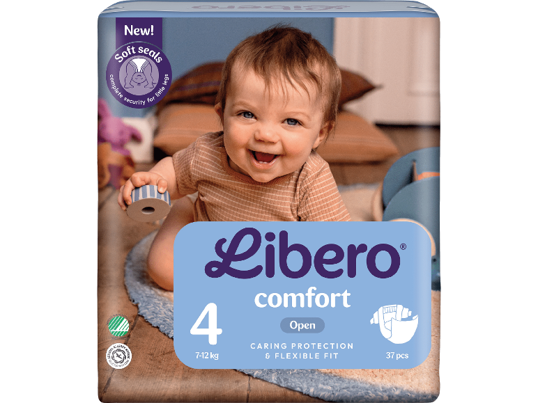 Paket med blöjor för barn, storlek 4 (7-12 kg), med texten 'New! Soft seals' och 'comfort'.