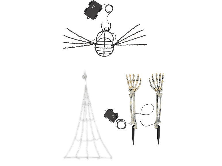 LIVARNO LED Halloween-dekorationer: spindel, nät och skeletthänder.