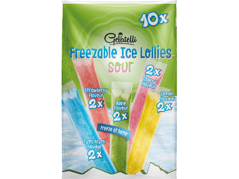 Frys-själv isglassar med smaker av jordgubb, äpple, körsbär, citron och tutti frutti.