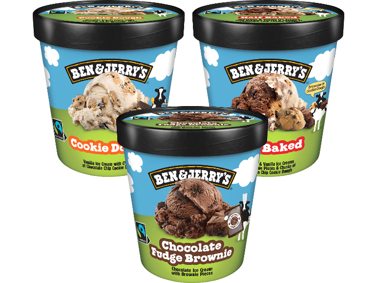 Tre glasspaket: Cookie Dough, Half Baked och Chocolate Fudge Brownie.
