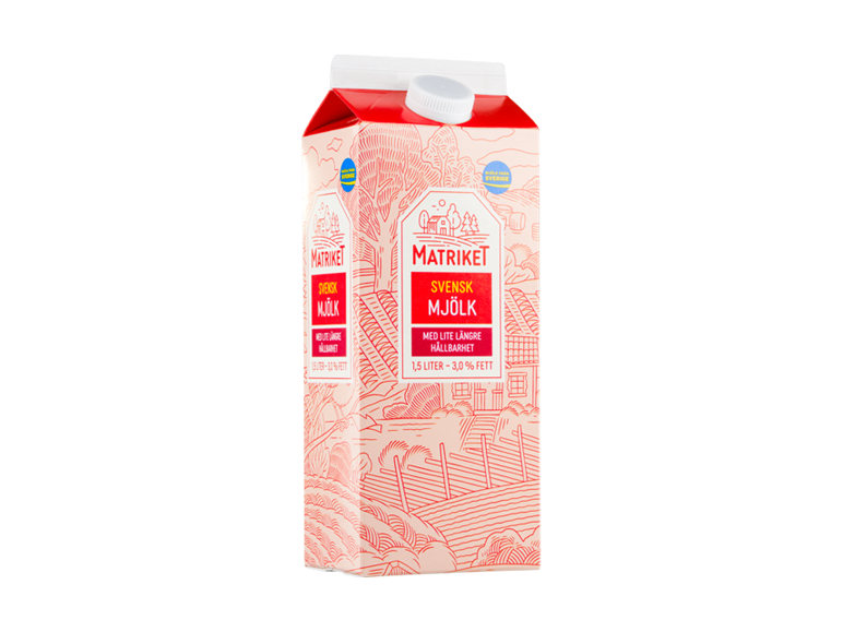 Svensk mjölkkartong med lantgårdsdesign, 1,5 liter, 3,0% fett.