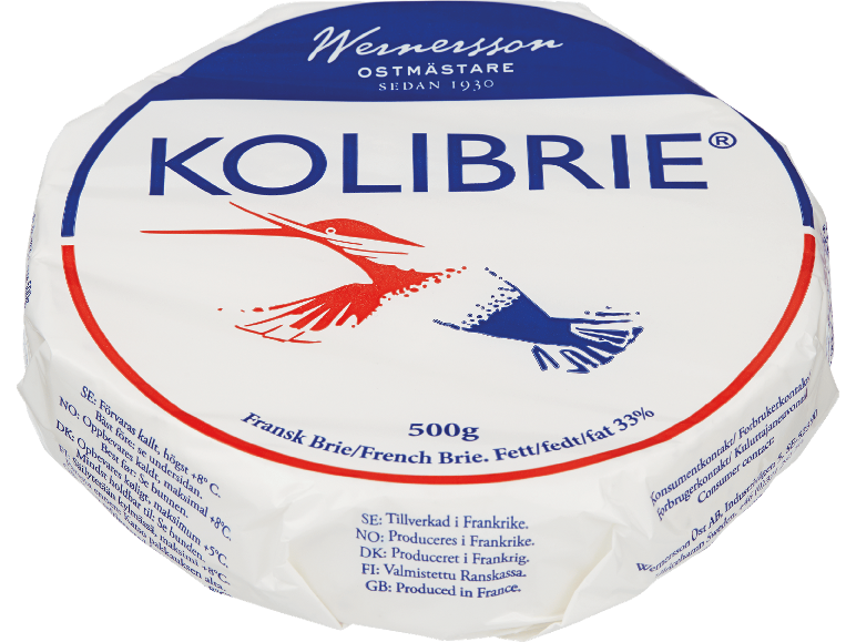 Rund fransk brieost, 500g, 33% fett, vit förpackning med kolibrimotiv.
