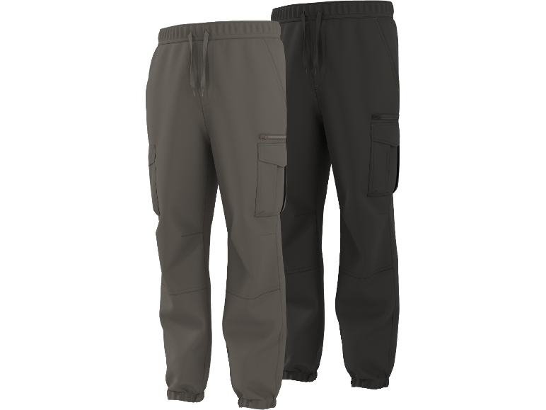 Två par herr cargo joggers i olika grå nyanser.