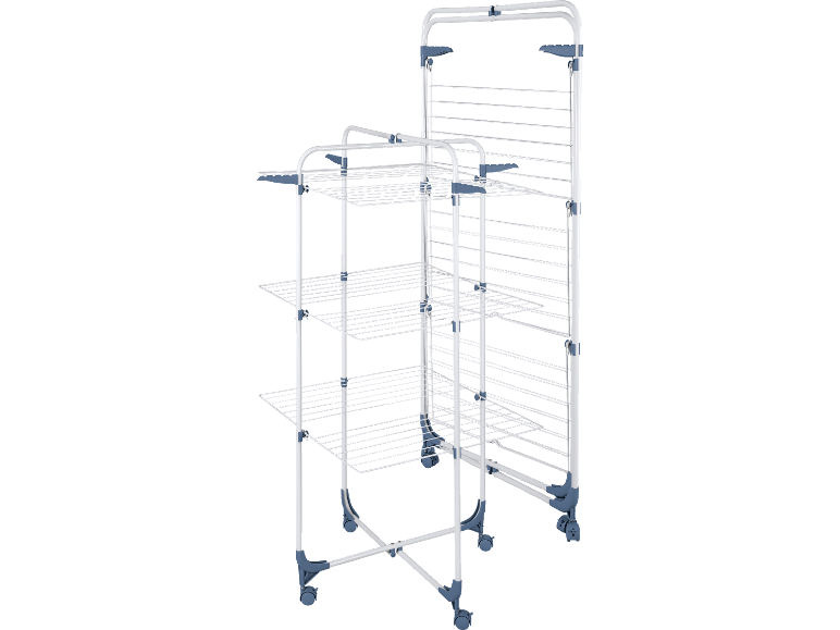 Vertikalt torkställ med hjul, vitt och grått.