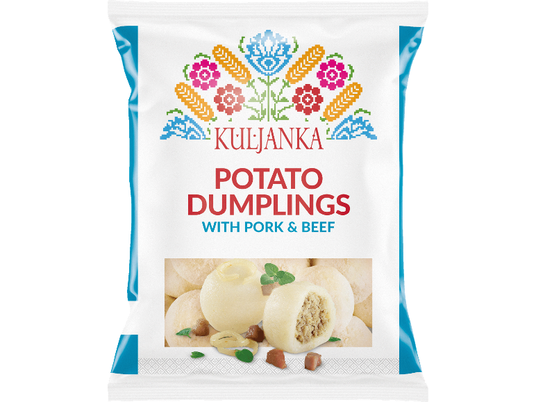 Förpackning potatisdumplings med fläsk och nötkött, med blommönster.