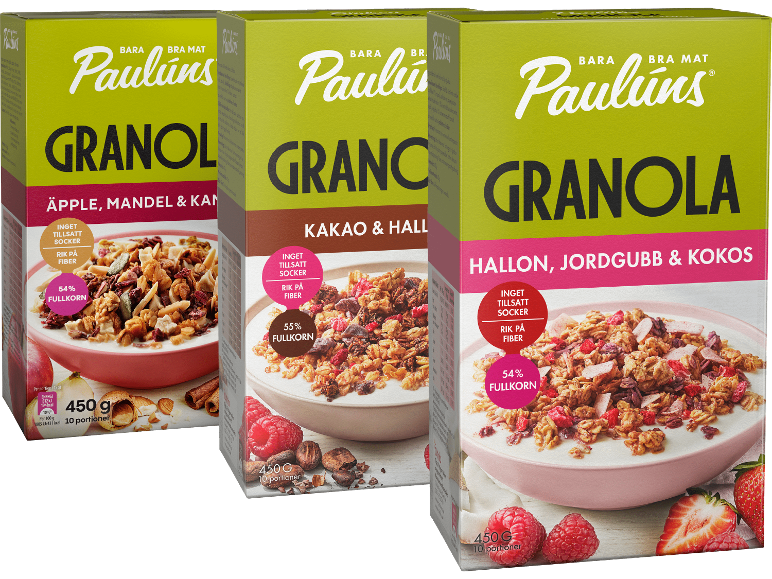 Tre paket granola: äpple, mandel och kanel; kakao och hasselnöt; hallon, jordgubbe och kokos.