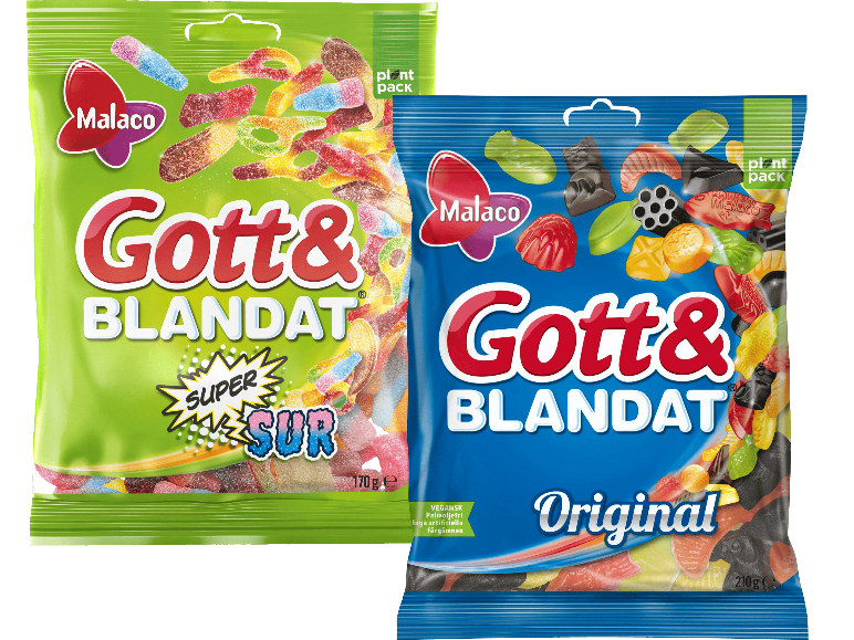 Två påsar med blandat gelégodis, en sur och en med originalsmak.