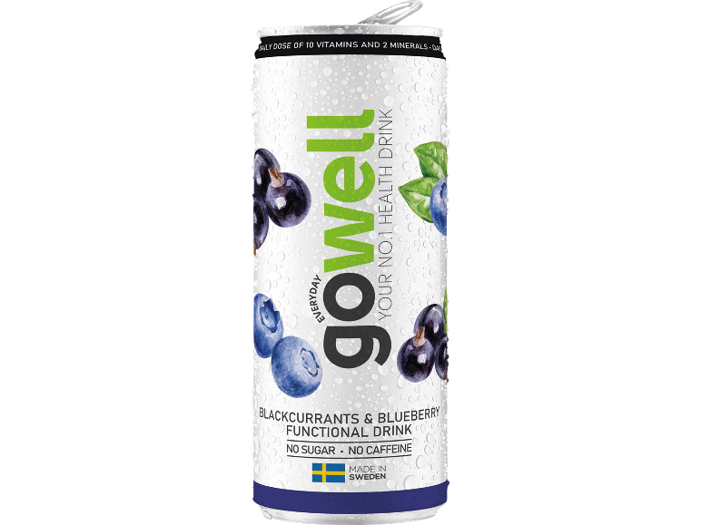 Funktionsdryck med svarta vinbär och blåbär med 10 vitaminer och 2 mineraler, sockerfri och koffeinfri.