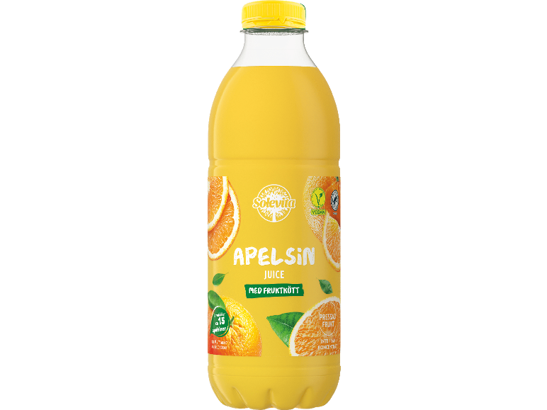 Apelsinjuiceflaska med fruktkött, som anger 15 apelsiner och pressad frukt.