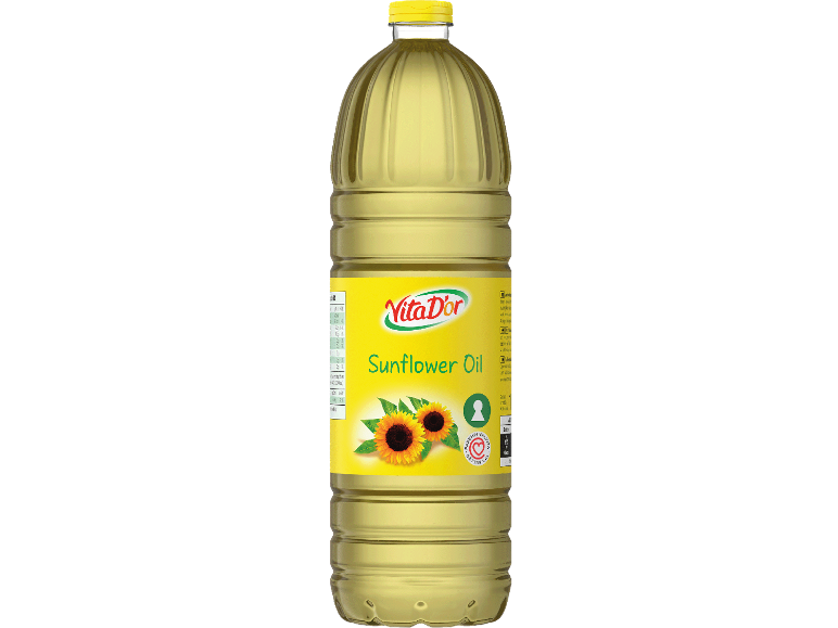 Flaska solrosolja med etikett
