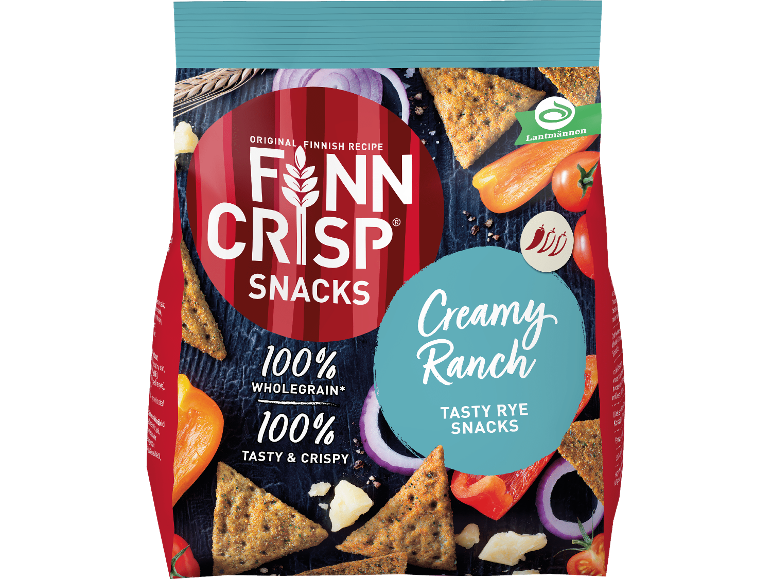 Knapriga rågsnacks med krämig ranchsmak, 100% fullkorn.