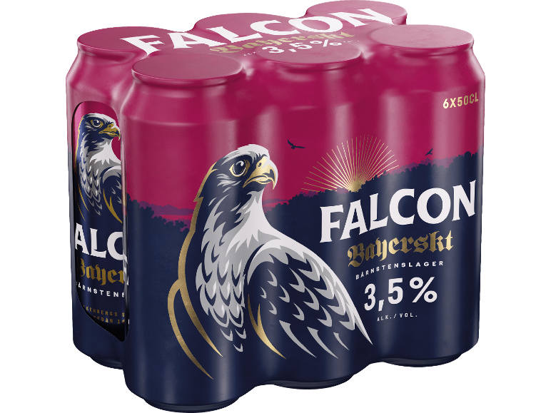 Sexpack bärnstenslagerburkar med falkdesign, 3,5% alkohol.