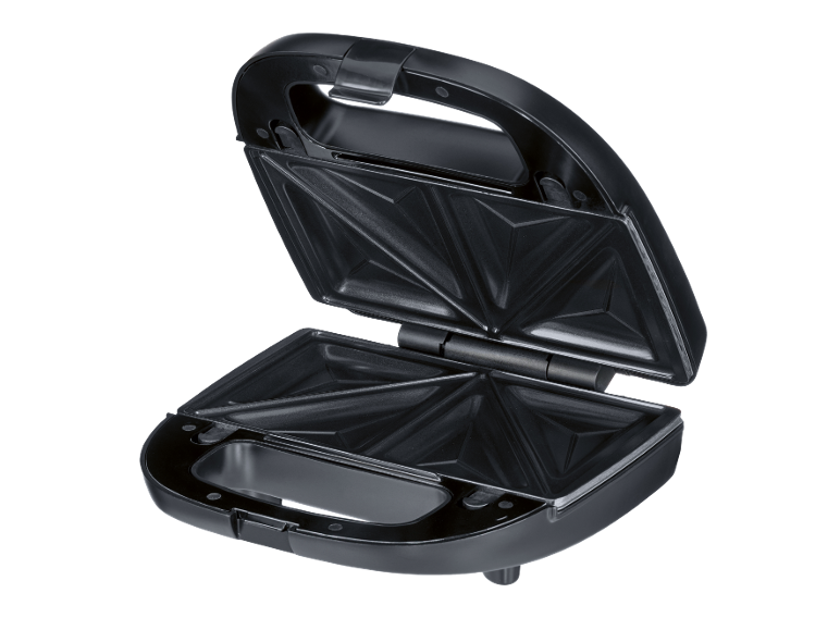 Öppen svart elektrisk smörgåsgrill med non-stick-plattor