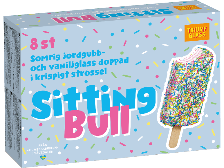 Jordgubbs- och vaniljglass med färgglatt strössel, i en förpackning med 8 stycken.